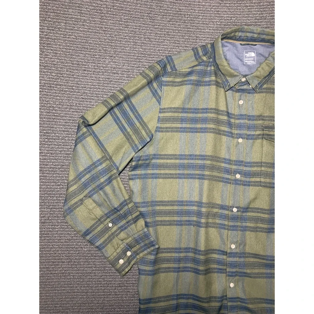 Men North Face Green Long Sleeve Approach Flannel Button Stripe Shirt XXL